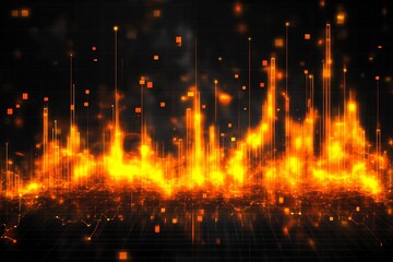 Poster - Glowing Orange Particles with Vertical Spike Design on Dark Technological Canvas : Generative AI