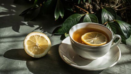 Wall Mural - white porcelain cup with hot tea and lemon on the table