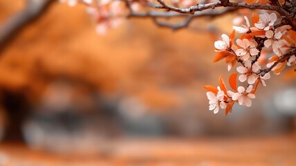 Wall Mural - Branch with delicate cherry blossoms against blurred autumn background