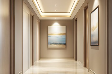 Poster - Elegant Contemporary Hallway with Abstract Art and Warm Lighting Ambiance : Generative AI
