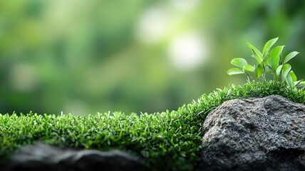 Wall Mural - Young green plant growing on rock with blurred natural background