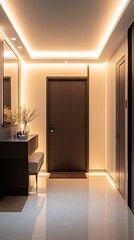 Poster - Modern Minimalist Corridor with Ambient Lighting and Wooden Door : Generative AI