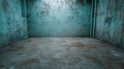 Poster - Empty Grungy Room with Distressed Walls and Textured Flooring in Blue Hue