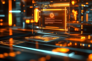 Poster - Futuristic HUD Interface with Glowing Orange Holographic Screens : Generative AI