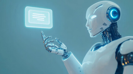 Poster - Robot smart helper with typing message sign above hand, friendly positive chatbot, ai helper isolated customer support service assistant. Vector online consultant, futuristic sci-fi character
