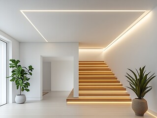 Poster - Minimalistic Interior Design with Wooden Staircase and Potted Green Plants : Generative AI