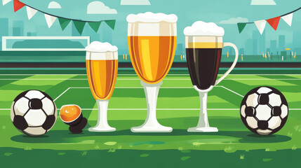 Soccer sports pub or bar icon for football championship live broadcasting. Vector design of soccer ball, team winner cup or beer in glasses and victory celebration ribbon flag on green football field