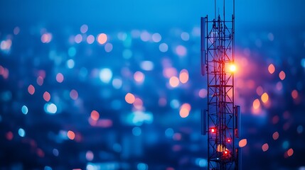 Aufkleber - Urban Telecommunication Tower with Red Lights in a City Nightscape : Generative AI