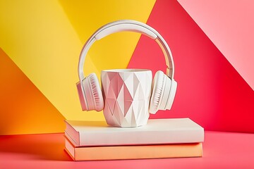 Aufkleber - Minimalist Art with Headphones and Faceted Mug on Stacked Books in Bold Color Scheme : Generative AI