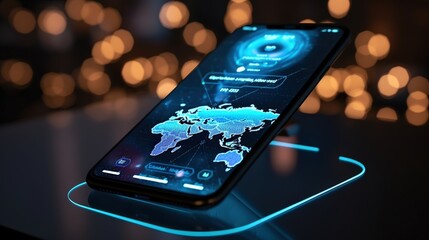 Poster - Modern smartphone mockup displaying a vibrant live streaming interface with a stylish world map on a glowing background and blurred lights
