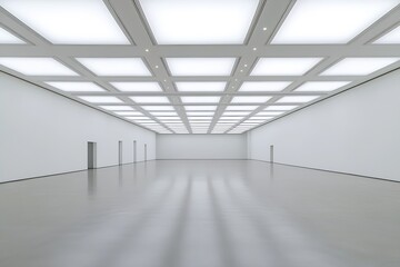 Poster - Large minimalistic exhibition space with bright LED lighting and white interior : Generative AI