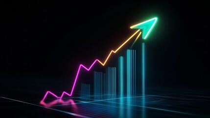 Fototapete - Glowing Neon Arrow on Bar Graph for Business Growth and Stock Market Success Concept : Generative AI