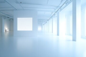 Poster - Expansive White Gallery Interior with Large Windows and Soft Floor Lighting : Generative AI