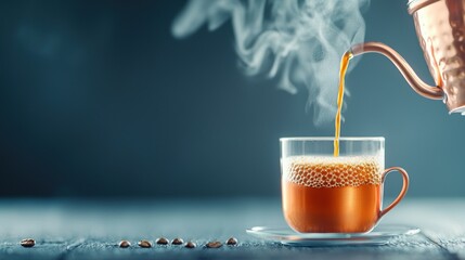 A steaming hot cup of coffee being poured from a vintage copper coffee pot, with the rich, dark liquid creating a swirling pattern in the cup.