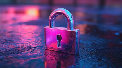 Poster - Vibrant Holographic Padlock Symbolizes Data Protection in Abstract Digital Environment with Reflections and Colorful Lighting