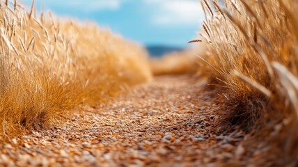 Wall Mural - narrow path through golden wheat field under bright sky