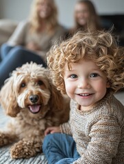 Poster - Happy child with curly hair and a fluffy dog. AI.