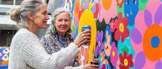 Poster - Women painting a colorful floral mural. AI.