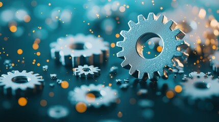 Poster - a close up shot of metallic gears with intricate details, illuminated by dramatic lighting, highligh