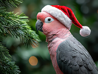 Wall Mural - Festive bird in a Santa hat. AI.