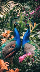 Vibrant birds face each other. AI.