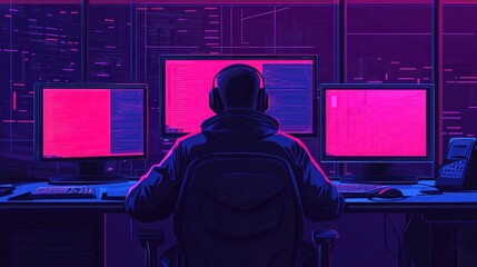 futuristic workspace concept featuring holographic screens with neon colors and dark atmosphere, ide