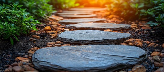 Wall Mural - Stone pathway in garden with sunlight.