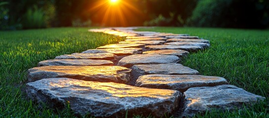 Wall Mural - Stone path winding through a sunlit green lawn at sunset.