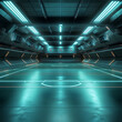 © pimpakarn - An empty futuristic sports arena with glowing field markers, sleek sharp designs, and metallic finishes, in 16:9 aspect ratio