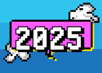 Poster - Number 2025 pixelated word with geometric graphic background. Vector cartoon illustration.