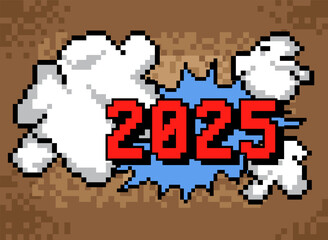 Poster - Number 2025 pixelated word with geometric graphic background. Vector cartoon illustration.