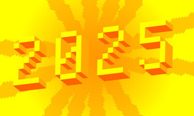 Poster - Number 2025 pixelated word with geometric graphic background. Vector cartoon illustration.