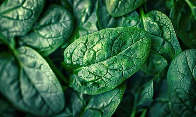 Wall Mural - Fresh spinach leaves with water droplets, close-up detail