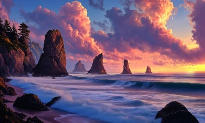 Wall Mural - A serene coastal landscape at sunset with rocky formations and gentle waves.
