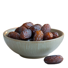 Ramadan Kareem and iftar muslim food, holiday concept. Bowl with dried dates and latterns with candles isolated on transparent background