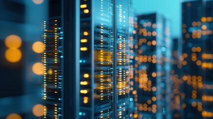 Poster - Modern Data Center with Glowing Servers and Blurred Background of Technology