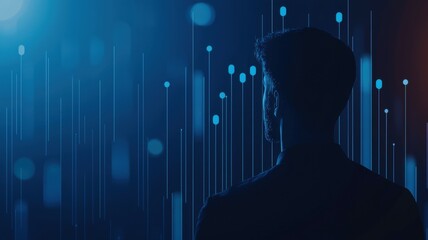 Poster - Silhouette of a Man Contemplating Digital Data with Blue Background and Light Flare
