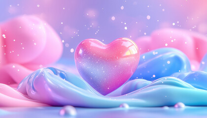Poster - Glowing pastel heart surrounded by colorful, soft waves and sparkles