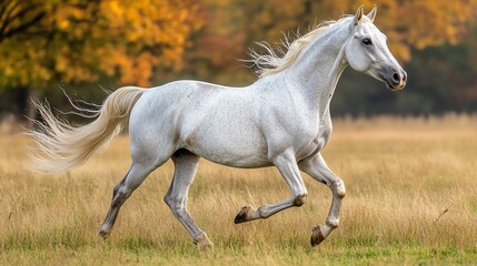 White horse galloping autumn field