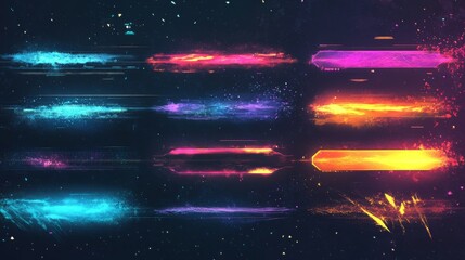 Fototapete - Modern technology banners collection in cyberpunk style. Abstract sci-fi text boxes with glitch effect. Futuristic hi-tech badges. Colorful glitchy background set. Vector illustration.