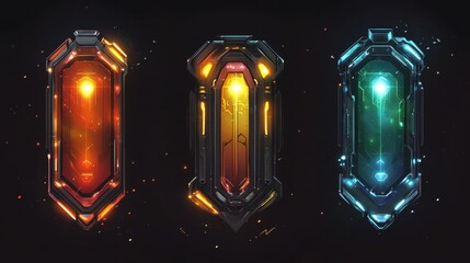 Fototapete - Modern technology banners collection in cyberpunk style. Abstract sci-fi text boxes with glitch effect. Futuristic hi-tech badges. Colorful glitchy background set. Vector illustration.