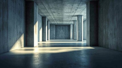 Aufkleber - A spacious, minimalist interior featuring concrete walls and columns, illuminated by soft light casting shadows on the floor.