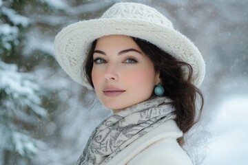 Beautiful woman wearing winter clothes enjoying snowfall in snowy forest