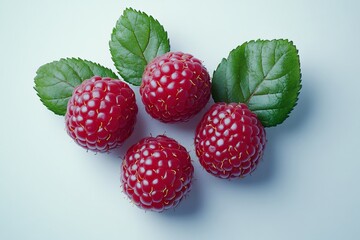 Sticker - Fresh ripe raspberries with green leaves resting on a light blue background