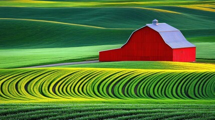 Wall Mural - Vibrant red barn sits amidst rolling hills of vibrant green and yellow fields.  Scenic countryside view.  Farmland, agriculture, rural, landscape, nature, beautiful, colors, spring, summer, idyllic, p