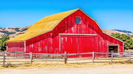 Wall Mural - Vibrant red barn with yellow roof, sits amidst rolling hills on a sunny day, featuring a rustic wooden fence.