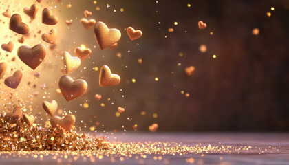 Poster - Glowing gold hearts floating above sparkling glitter on soft background