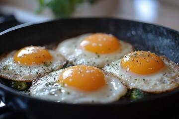 Wall Mural - Chef frying eggs sunny side up with salt and herbs in pan