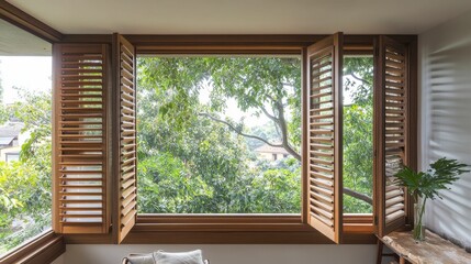 Wall Mural - Wooden window shutters open, revealing lush green trees.