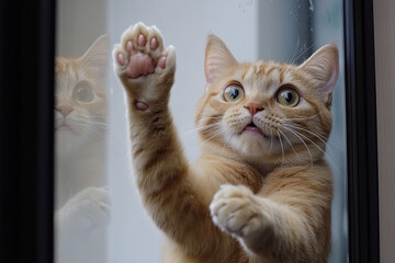 Wall Mural - cat pawing at its own reflection with wide eyes, looking hilariously surprised